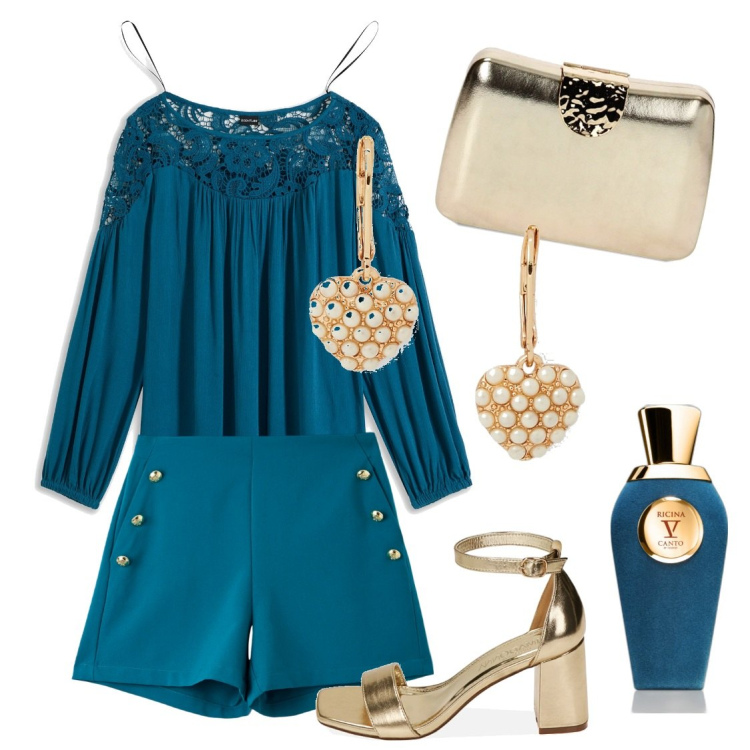 Outfit donna - La camicia sblusata dentro il pantalone. Stile Chic per Serata fuori. Abbinamento con tuniche, profumi, shorts, sandali col tacco, clutch, orecchini.