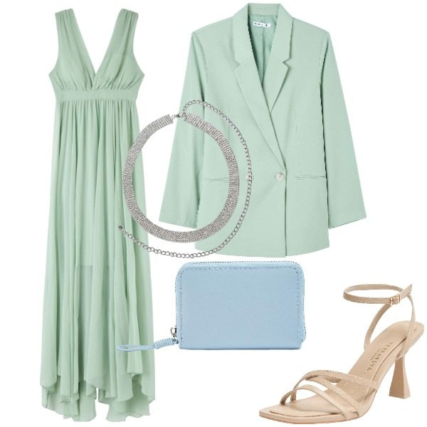 Outfit donna - Festa di matrimonio. Stile Chic per Cerimonia. Abbinamento con cinture, vestiti lunghi, sandali col tacco, blazer, portafogli.