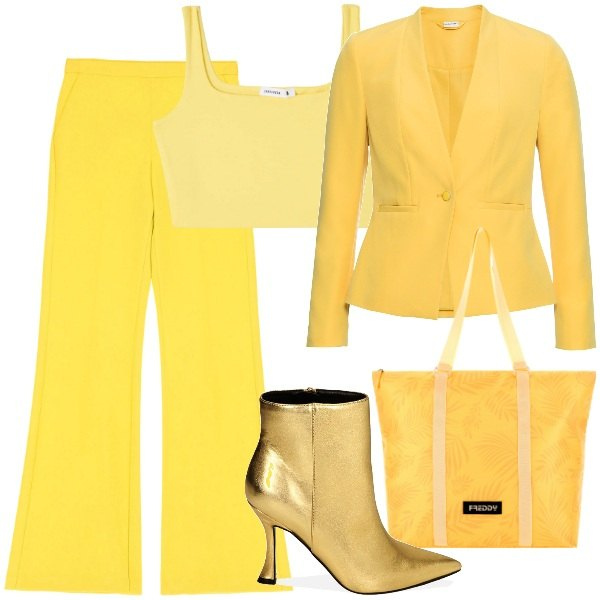 Outfit donna - 8 marzo. Stile Trendy per Serata fuori. Abbinamento con blazer, reggiseni, pantaloni, borse tote, stivaletti.