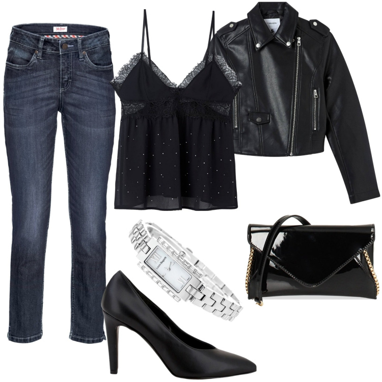 Outfit donna - Top in pizzo nero e chiodo. Stile Casual per Serata fuori. Abbinamento con jeans, orologi, canottiere, giacche, décolleté, pochette.