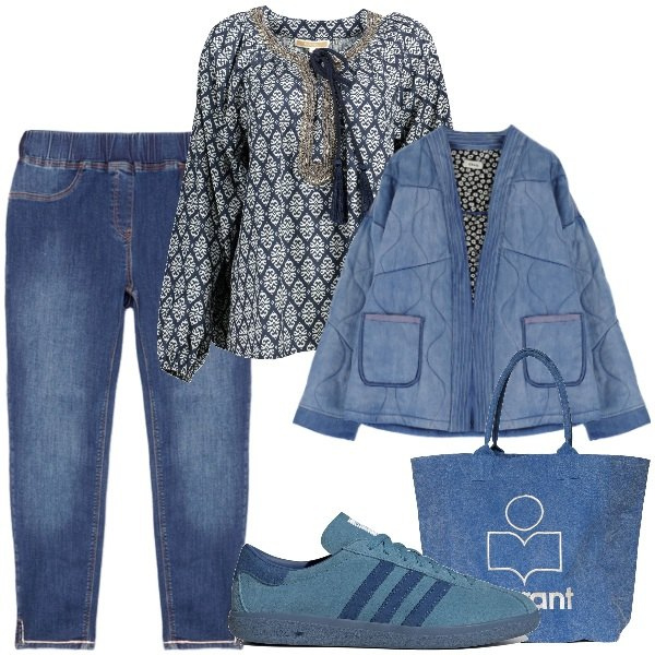 Outfit donna - Curvy che ama il denin. Stile Trendy per Tutti i giorni. Abbinamento con blazer, camicie, sneakers, jeggings, shopping bag.