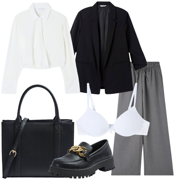 Outfit donna - Terranova. Stile Glamour per Cerimonia. Abbinamento con reggiseni, pantaloni, mocassini, bluse, blazer, shopping bag.
