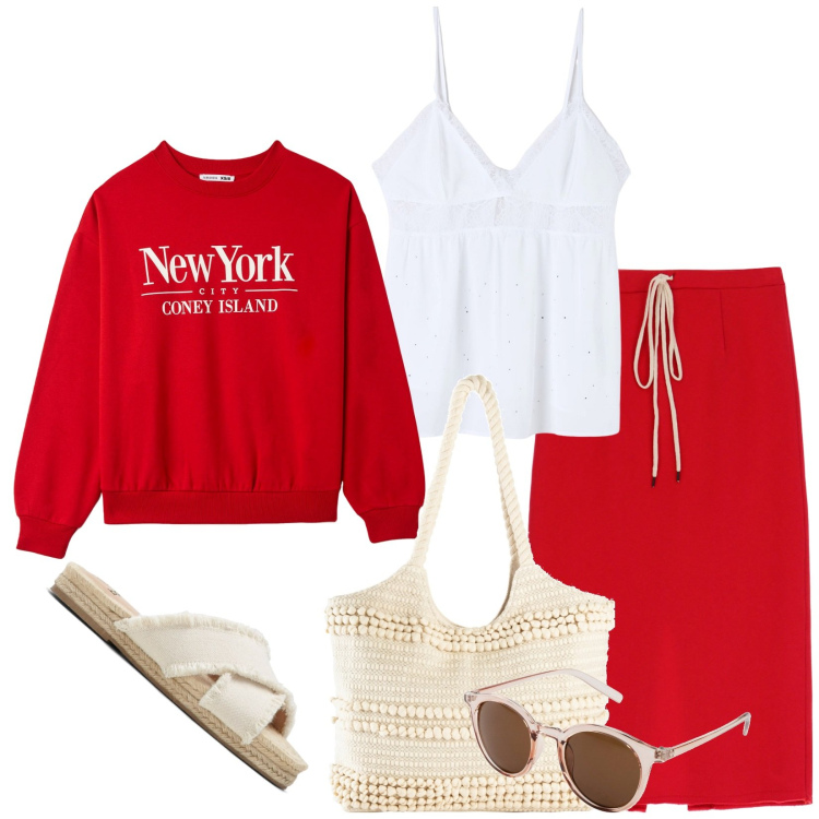 Outfit donna - Passeggiata al mare. Stile Casual per Mare. Abbinamento con ciabatte, occhiali da sole, shopping bag, felpe, canottiere, gonne longuette.