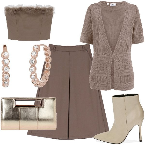 Outfit donna - Total look #1832407. Stile Glamour per Serata fuori. Abbinamento con cardigans, orecchini, stivaletti, pochette, top, gonne longuette.