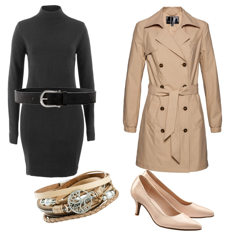 Outfit donna - Linee naturali. Stile Chic per Tutti i giorni. Abbinamento con braccialetti, cinture, trench, vestiti, décolleté.
