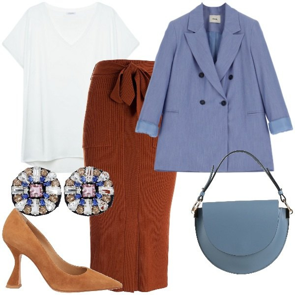Outfit donna - AL lavoro. Stile Chic per Ufficio. Abbinamento con borse a mano, décolleté, gonne longuette, blazer, t-shirt, orecchini.