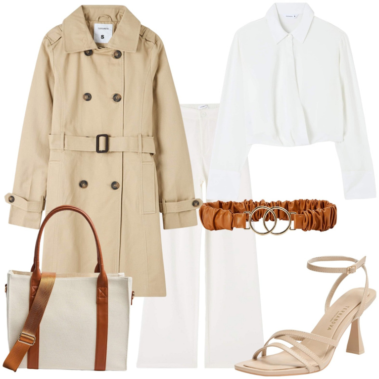 Outfit donna - Impermeabile intramontabile. Stile Casual per Tutti i giorni. Abbinamento con trench, pantaloni, bluse, sandali col tacco, cinture, shopping bag.