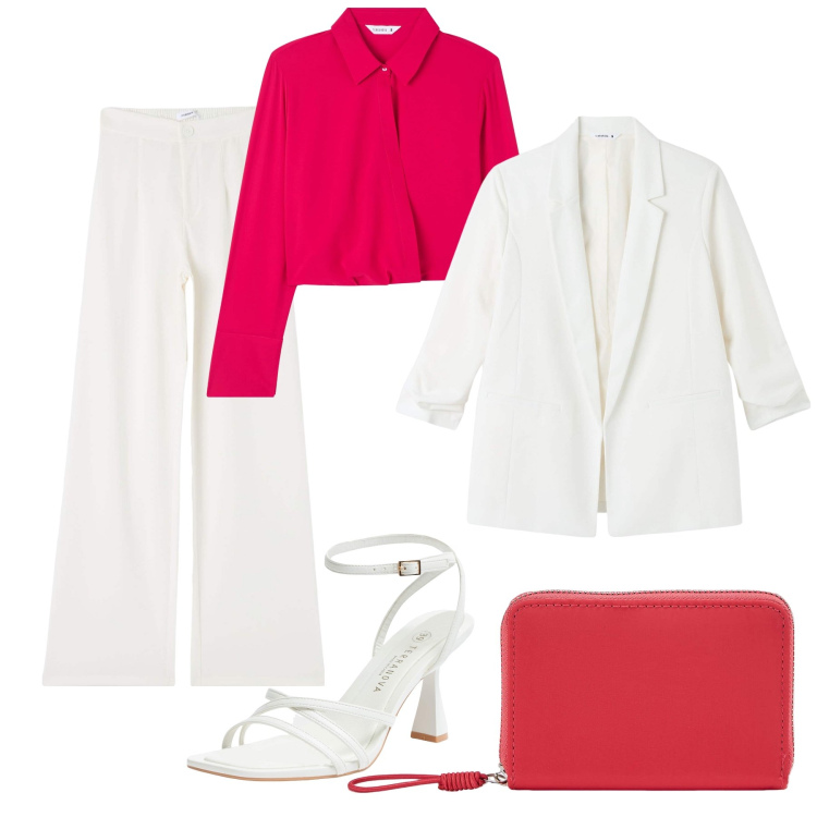 Outfit donna - Bianco e ciliegia. Stile Glamour per Serata fuori. Abbinamento con pantaloni, bluse, blazer, portafogli, sandali col tacco.