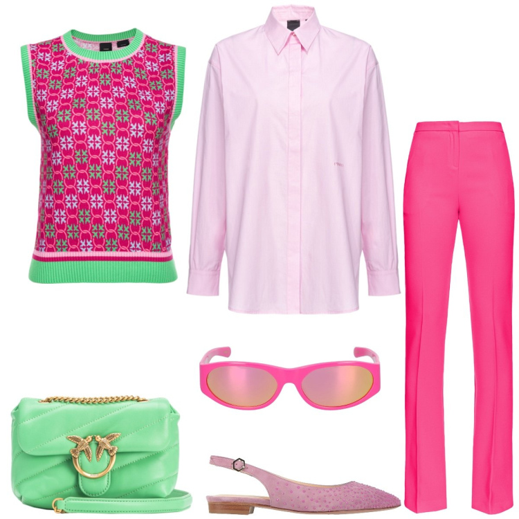 Outfit donna - In città. Stile Casual chic per Tutti i giorni. Abbinamento con ballerine, top, camicie, pantaloni, borse a tracolla, occhiali da sole.