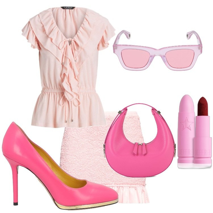Outfit donna - rosa Bon Ton. Stile Romantica per Tutti i giorni. Abbinamento con décolleté, minigonne, rossetti, top, occhiali da sole, borse a mano.