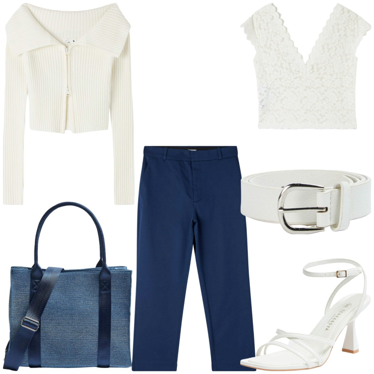 Outfit donna - Glamour Terranova. Stile Trendy per Tutti i giorni. Abbinamento con pantaloni chino, t-shirt, maglieria, shopping bag, sandali col tacco, cinture.