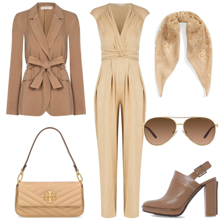 Outfit donna - I colori della terra. Stile Casual chic per Tutti i giorni. Abbinamento con tute, blazer, occhiali da sole, foulard, zoccoli, borse a spalla.