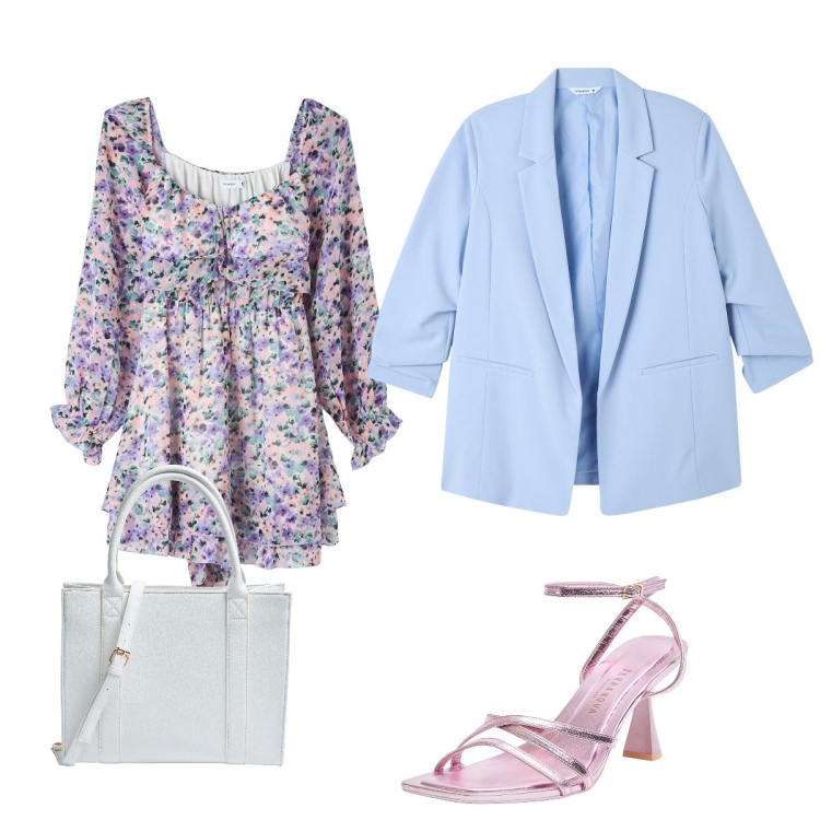 Outfit donna - Bucolica in città. Stile Romantica per Tutti i giorni. Abbinamento con vestiti corti, blazer, sandali col tacco, shopping bag.