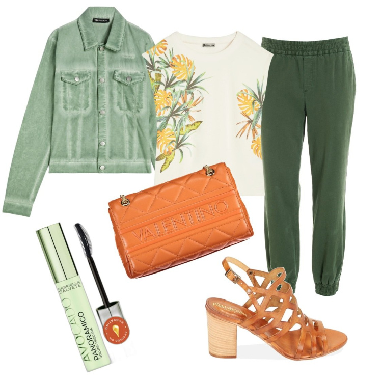 Outfit donna - Total look marzo. Stile Casual per Tutti i giorni. Abbinamento con mascara, pantaloni cargo, blazer, t-shirt, sandali col tacco, borse a spalla.