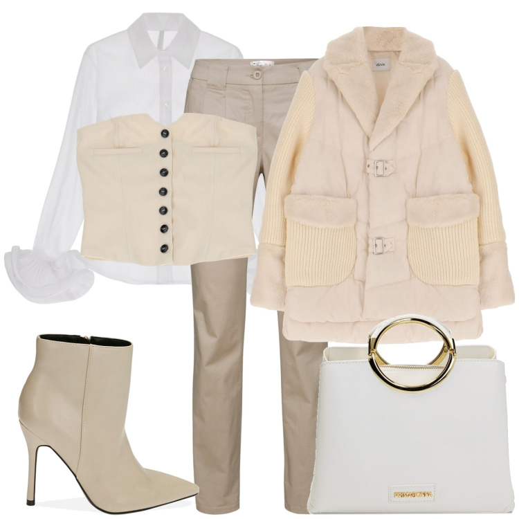 Outfit donna - Friday. Stile Chic per Tutti i giorni. Abbinamento con pantaloni chino, gilet, camicie, borse a mano, stivaletti, blazer.