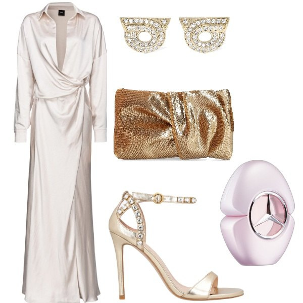 Outfit donna - Naturale semplicità. Stile Minimal per Serata fuori. Abbinamento con vestiti lunghi, sandali in pelle, profumi, pochette, orecchini.