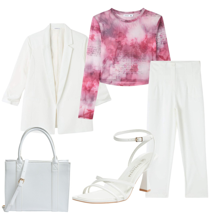 Outfit donna - In tailleur. Stile Casual chic per Tutti i giorni. Abbinamento con pantaloni chino, t-shirt, blazer, shopping bag, sandali col tacco.