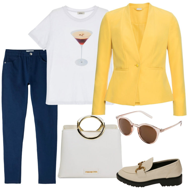 Outfit donna - Shopping e caffè con la sorella. Stile Casual per Tutti i giorni. Abbinamento con blazer, occhiali da sole, pantaloni, borse a mano, mocassini, t-shirt.
