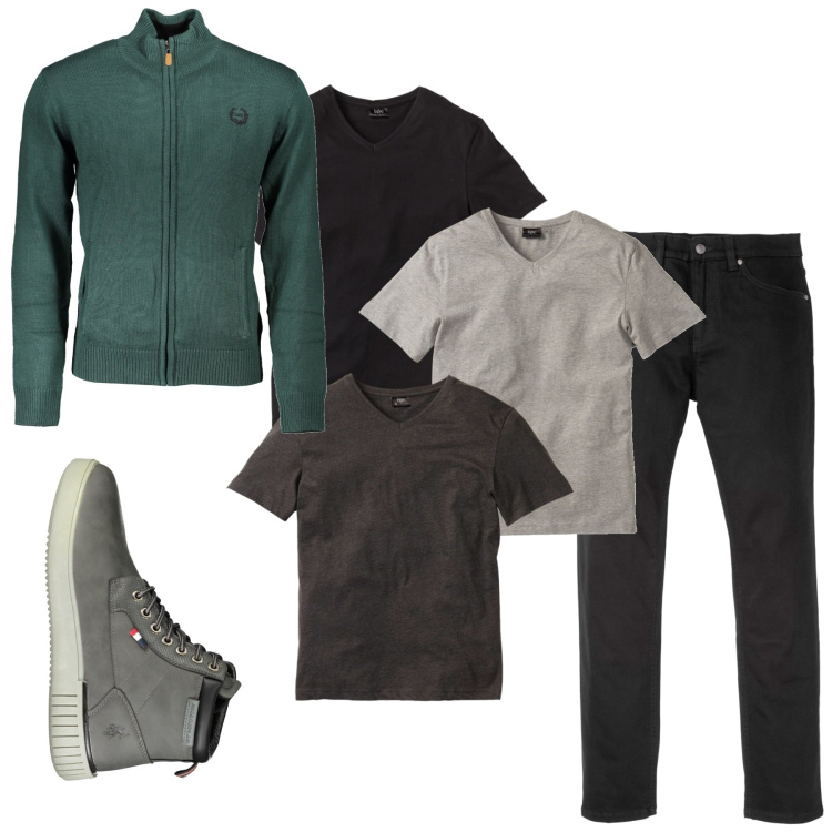 Outfit uomo - Tre tshirts. Stile Urban per Tutti i giorni. Abbinamento con jeans slim fit, t-shirt, stivali, cardigans.