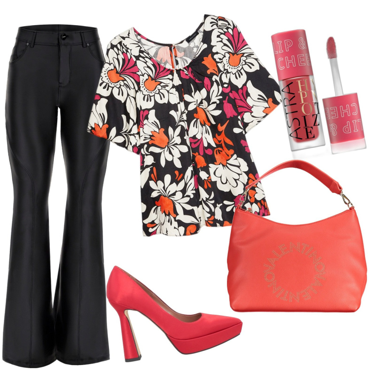 Outfit donna - Flowers. Stile Glamour per Serata fuori. Abbinamento con décolleté, blush, pantaloni skinny, bluse, borse a spalla.