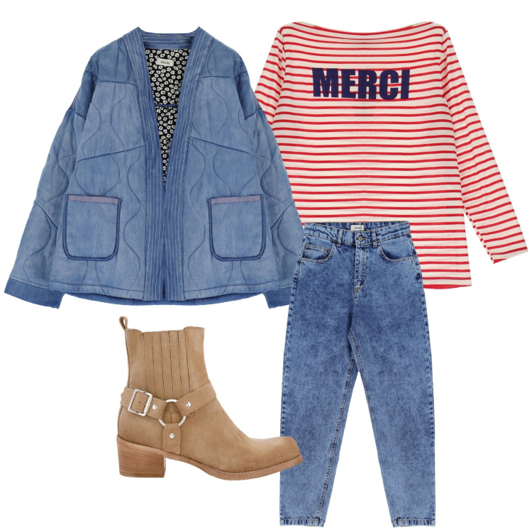 Outfit donna - Francia Tour. Stile Casual per Tutti i giorni. Abbinamento con blazer, t-shirt, stivaletti, jeans slim fit.
