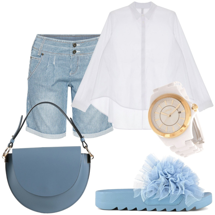 Outfit donna - Tempo per me. Stile Casual chic per Serata fuori. Abbinamento con shorts, borse a mano, orologi, camicie, ciabatte.