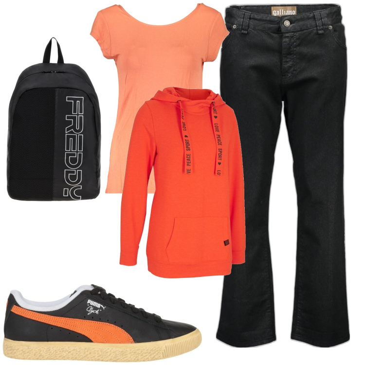 Outfit donna - Meglio a piedi. Stile Casual per Scuola/Università. Abbinamento con felpe con cappuccio, sneakers, zaini, pantaloni capri, t-shirt.