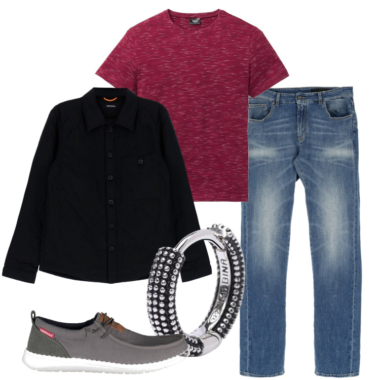 Outfit uomo - Melange rosso. Stile Urban per Tutti i giorni. Abbinamento con t-shirt, orecchini, jeans dritti, cappotti, scarpe stringate.