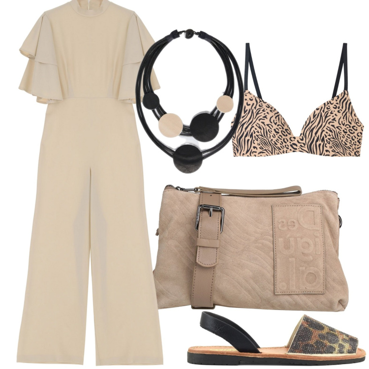 Outfit donna - Fuori a pranzo. Stile Glamour per Tutti i giorni. Abbinamento con borse a tracolla, reggiseni, tute, sandali in pelle, collane.