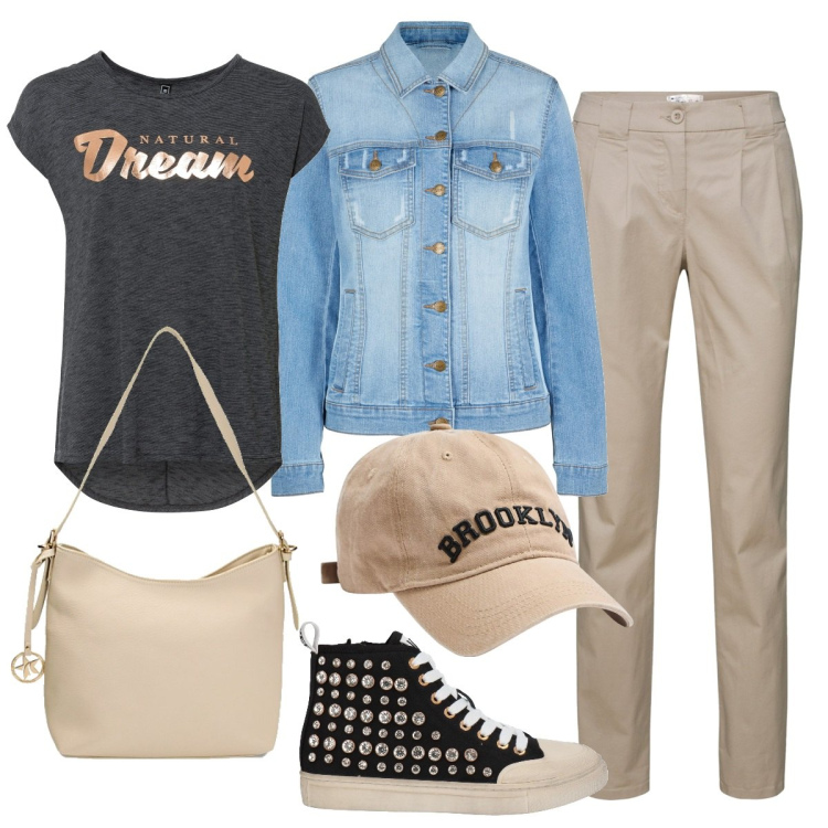 Outfit donna - Tempo libero. Stile Casual per Tutti i giorni. Abbinamento con pantaloni chino, maglieria, blazer, sneakers alte, cappelli, borse a spalla.