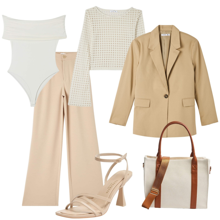 Outfit donna - Latte e miele. Stile Glamour per Tutti i giorni. Abbinamento con pantaloni, maglieria, blazer, body, shopping bag, sandali col tacco.