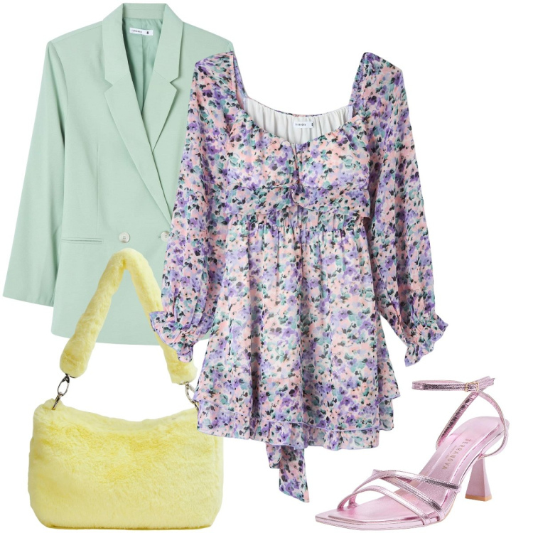 Outfit donna - L’abito a fiorellini. Stile Glamour per Serata fuori. Abbinamento con vestiti corti, borse a spalla, sandali col tacco, blazer.
