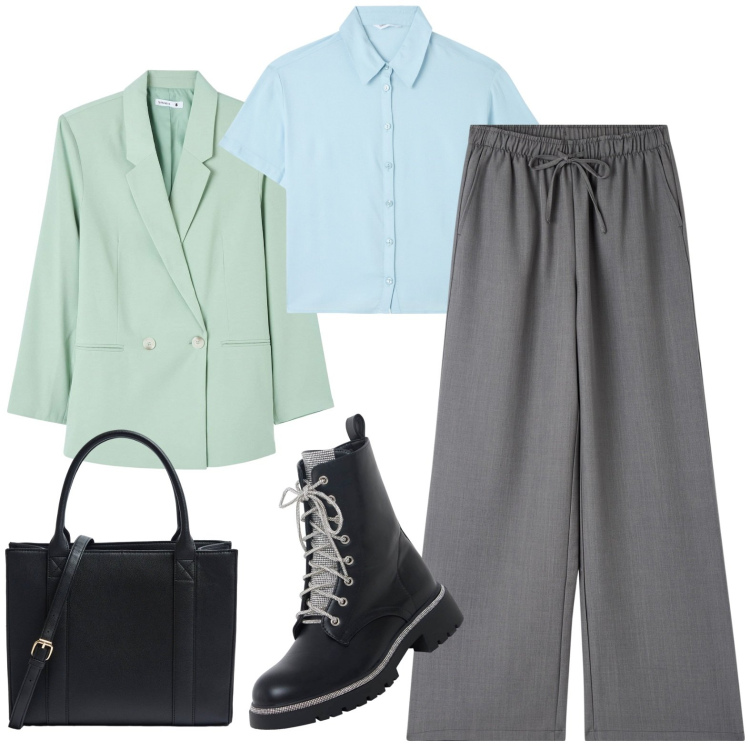 Outfit donna - Total look #1832654. Stile Glamour per Ufficio. Abbinamento con camicie a manica corta, pantaloni, blazer, anfibi, shopping bag.