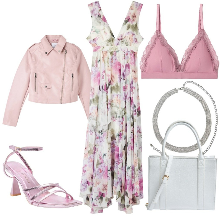 Outfit donna - Claudia: un giubbino rosa. Stile Urban per Tutti i giorni. Abbinamento con cinture, vestiti lunghi, giacche, reggiseni, shopping bag, sandali col tacco.