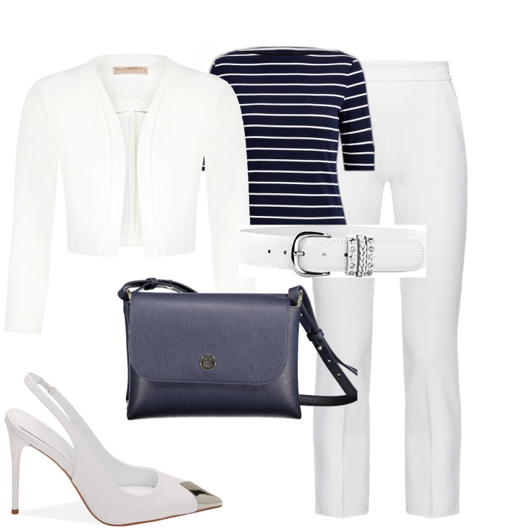 Outfit donna - Domenica al mare. Stile Chic per Tutti i giorni. Abbinamento con cinture, pantaloni, blazer, décolleté, maglieria, borse a spalla.