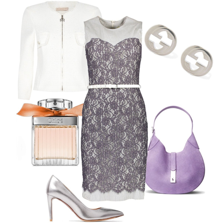 Outfit donna - Il vestito con il pizzo. Stile Romantica per Cerimonia. Abbinamento con profumi, blazer, décolleté, borse a spalla, vestiti corti, orecchini.