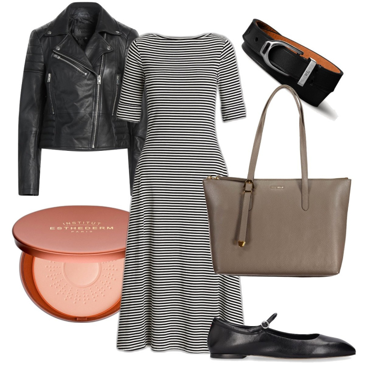 Outfit donna - L’abito a righe. Stile Casual chic per Tutti i giorni. Abbinamento con blazer, terre, braccialetti, vestiti, borse a spalla, ballerine.