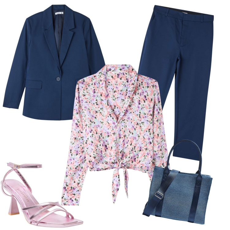 Outfit donna - Tailleur classico con brio. Stile Glamour per Ufficio. Abbinamento con pantaloni chino, camicie, blazer, shopping bag, sandali col tacco.