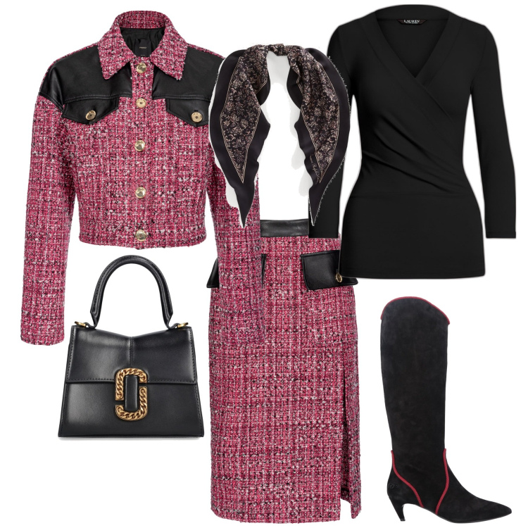 Outfit donna - Trendy per l ufficio. Stile Trendy per Ufficio. Abbinamento con stivali, blazer, gonne longuette, top, foulard, borse a mano.