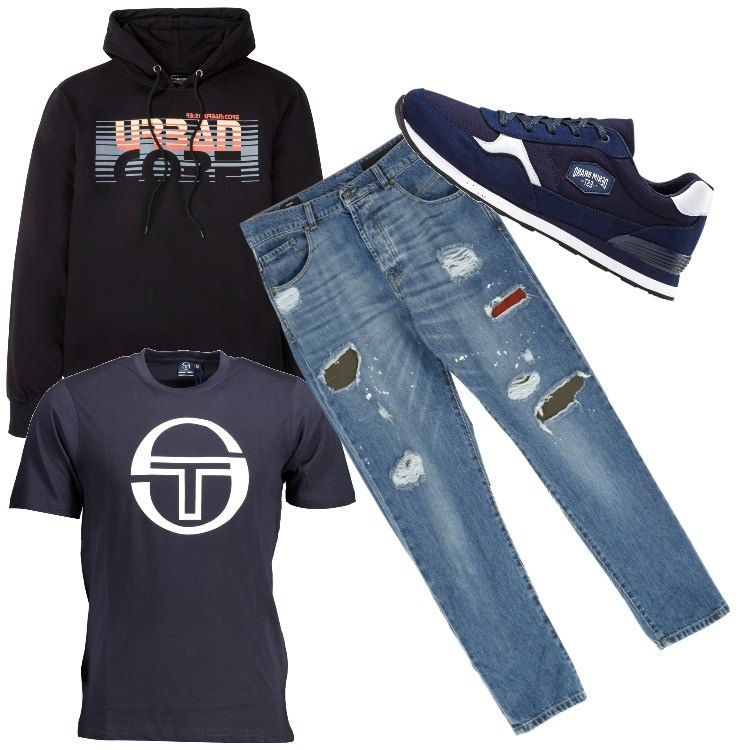 Outfit uomo - #1Marzo. Stile Urban per Tutti i giorni. Abbinamento con sneakers, felpe con cappuccio, jeans dritti, t-shirt.