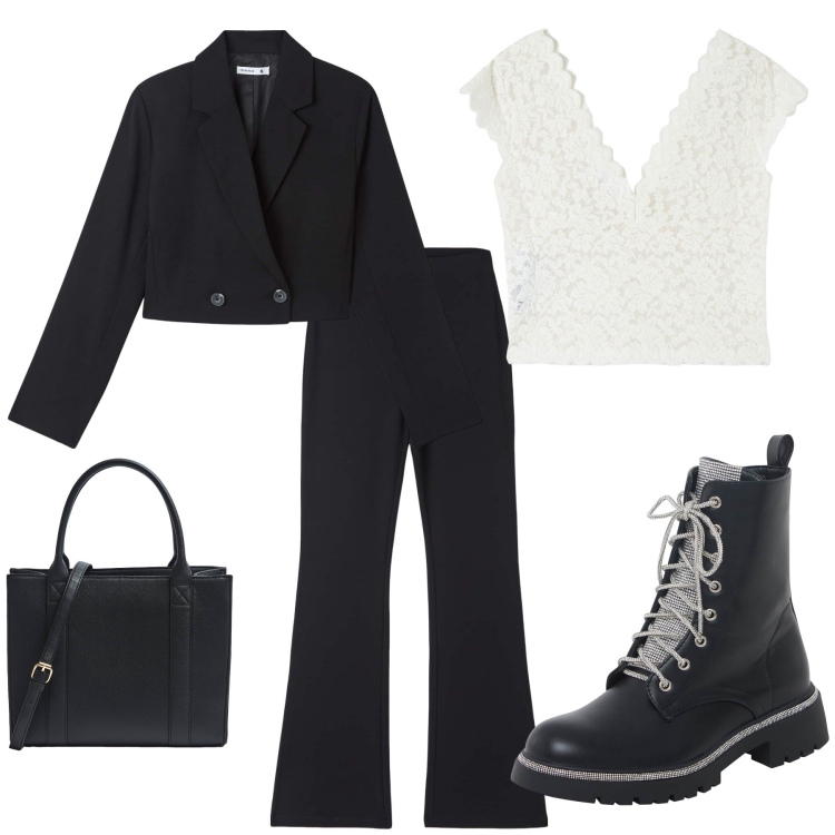 Outfit donna - Giacchina nera. Stile Casual chic per Tutti i giorni. Abbinamento con pantaloni, t-shirt, anfibi, blazer, shopping bag.