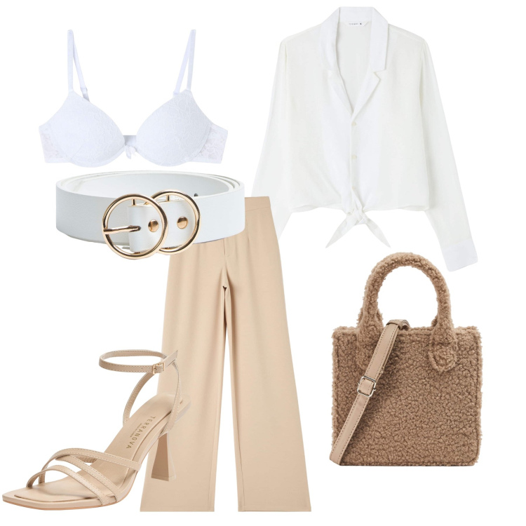 Outfit donna - Camicia bianca. Stile Casual chic per Tutti i giorni. Abbinamento con pantaloni, camicie, reggiseni, shopping bag, sandali col tacco, cinture.