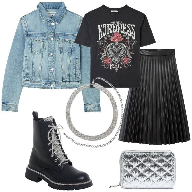 Outfit donna - Stile rock. Stile Rock per Tutti i giorni. Abbinamento con cinture, gonne lunghe, t-shirt, blazer, portafogli, anfibi.
