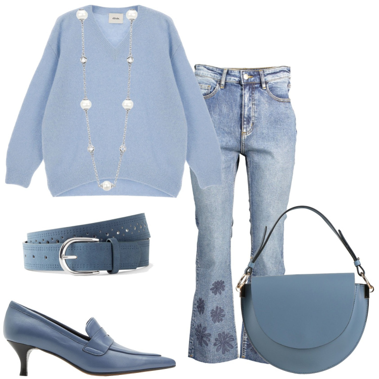 Outfit donna - Jeans fiorato e maglione. Stile Trendy per Tutti i giorni. Abbinamento con cinture, mocassini, borse a mano, collane, pullovers, jeans.