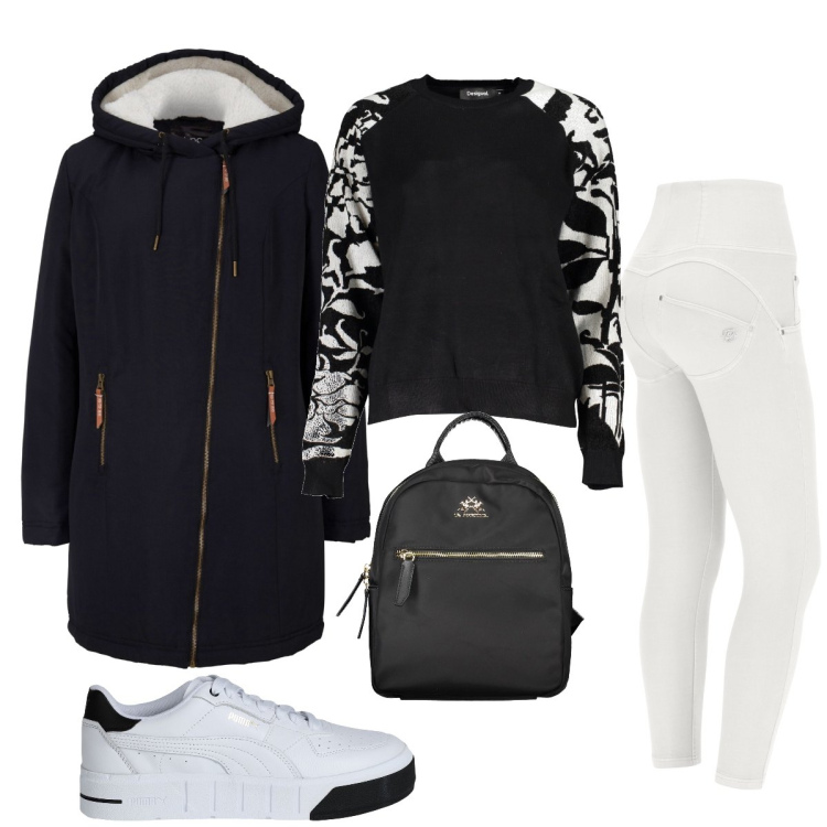 Outfit donna - Total look #1832779. Stile Casual per Tutti i giorni. Abbinamento con blazer, sneakers, pantaloni skinny, maglieria, zaini.