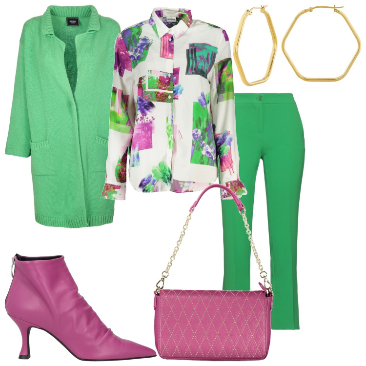 Outfit donna - Il verde e viola sono molto belli. Stile Glamour per Serata fuori. Abbinamento con stivaletti, pantaloni, orecchini, cardigans, camicie, borse a spalla.