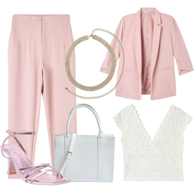 Outfit donna - Carmen: al battesimo di Ludo. Stile Chic per Cerimonia. Abbinamento con pantaloni chino, t-shirt, blazer, sandali col tacco, collane, shopping bag.
