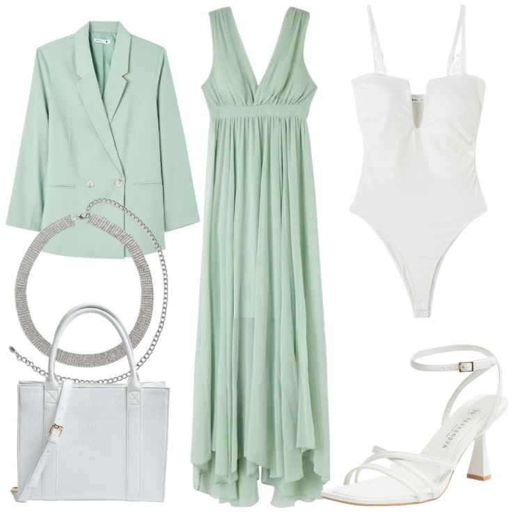 Outfit donna - Serenella: che delicatezza!. Stile Glamour per Cerimonia. Abbinamento con cinture, vestiti lunghi, body, blazer, sandali col tacco, shopping bag.