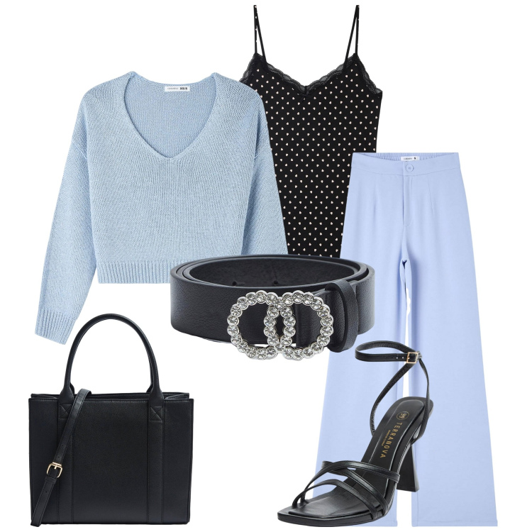 Outfit donna - Celeste. Stile Casual per Ufficio. Abbinamento con magliette intime, maglieria, pantaloni, shopping bag, cinture, sandali col tacco.