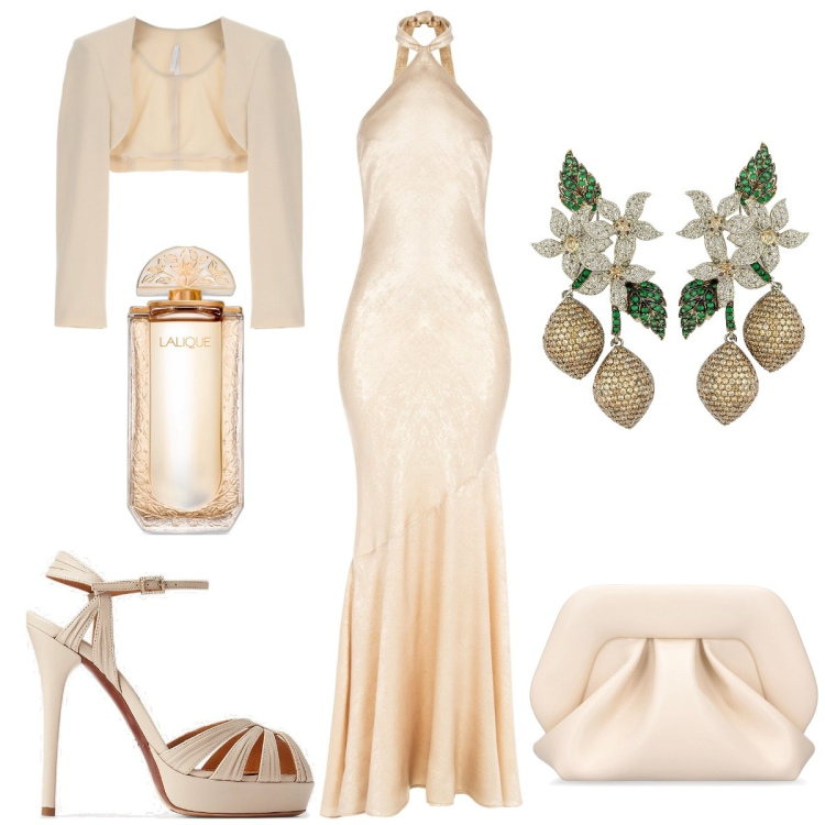 Outfit donna - Cerimonia. Stile Glamour per Cerimonia. Abbinamento con orecchini, profumi, vestiti lunghi, blazer, sandali in pelle, pochette.